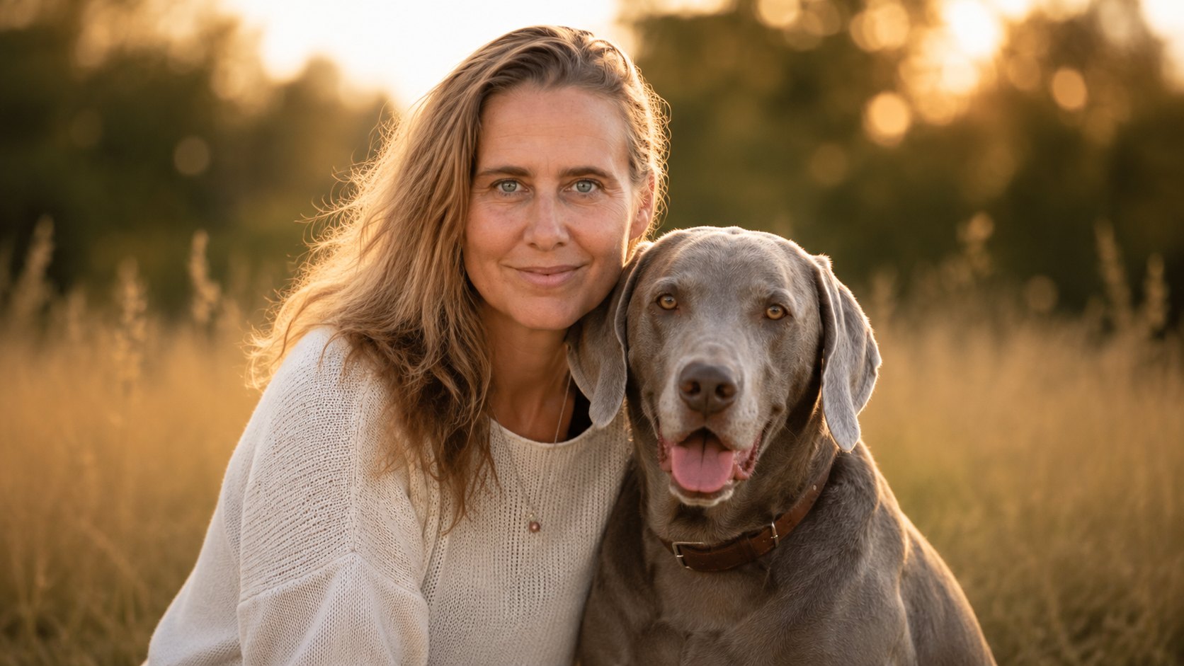 Andrea Röker mit ihrem Hund im Abendlicht